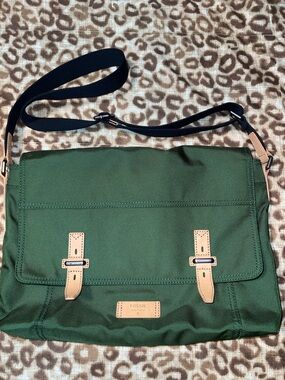 Fossil Olive Green Canvas Messenger Bag with Tan Trim